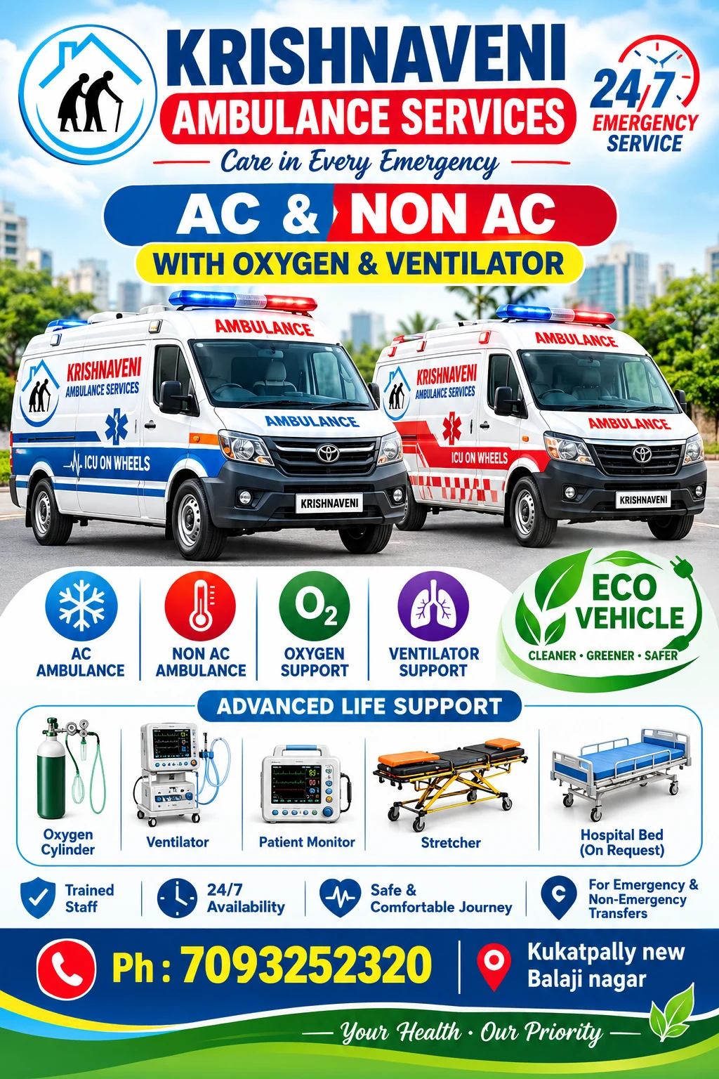 Krishnaveni AC and non AC ambulance services promotional poster