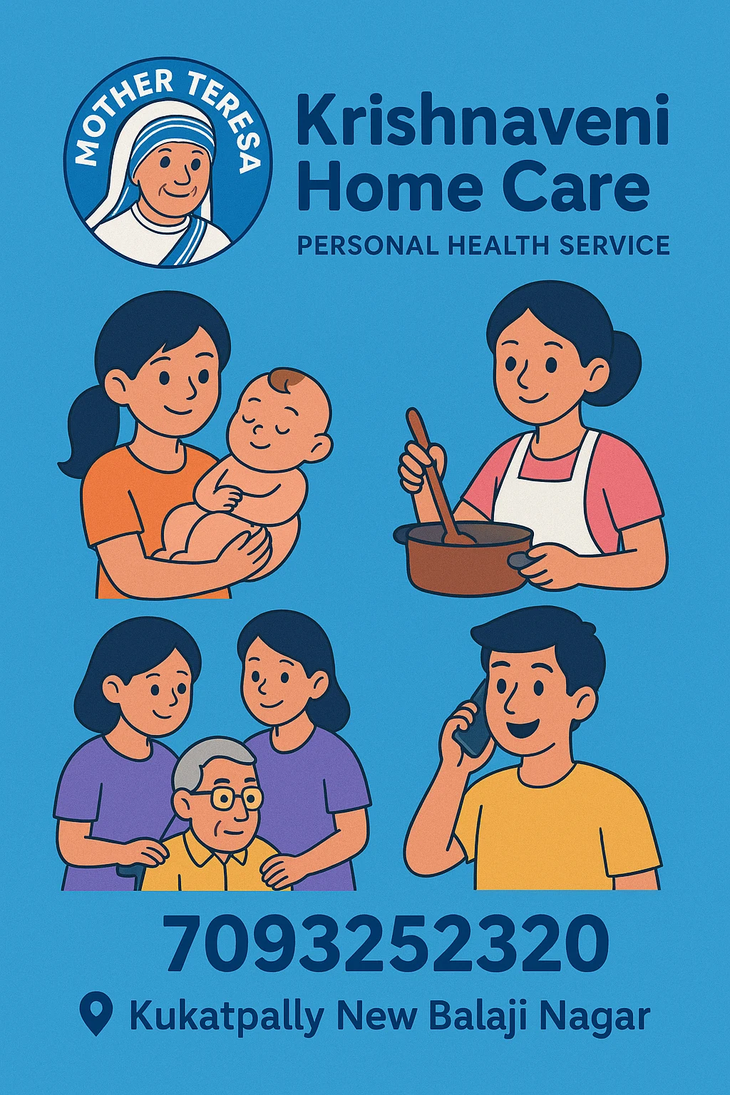 Krishnaveni home care services poster showing family care assistance